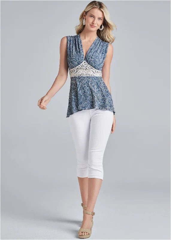 High-low lace detail top - Blue Multi