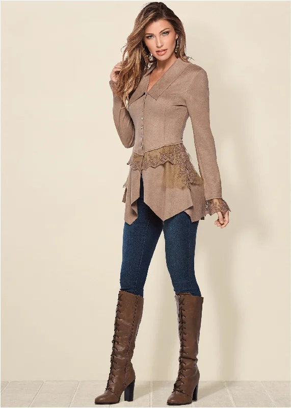 Faux-suede and lace jacket - Tan