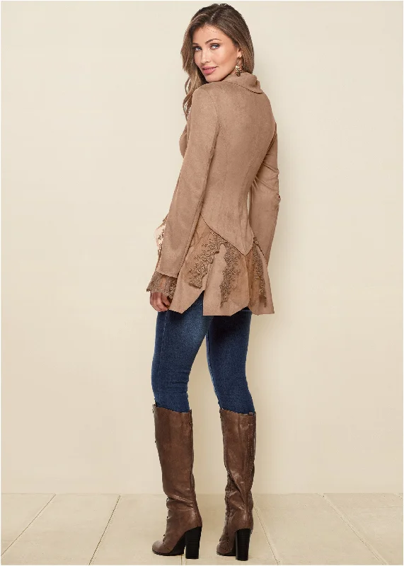 Faux-suede and lace jacket - Tan