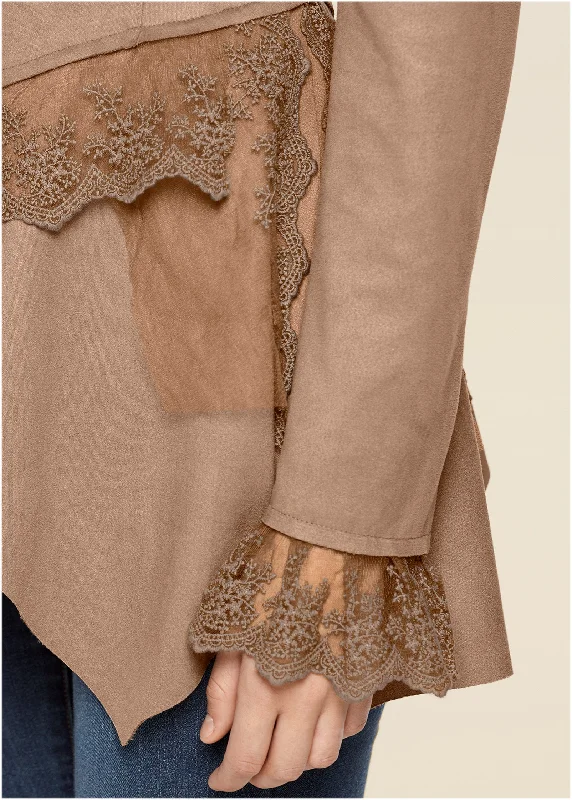 Faux-suede and lace jacket - Tan