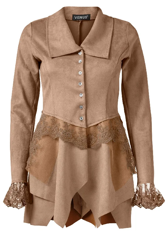 Faux-suede and lace jacket - Tan