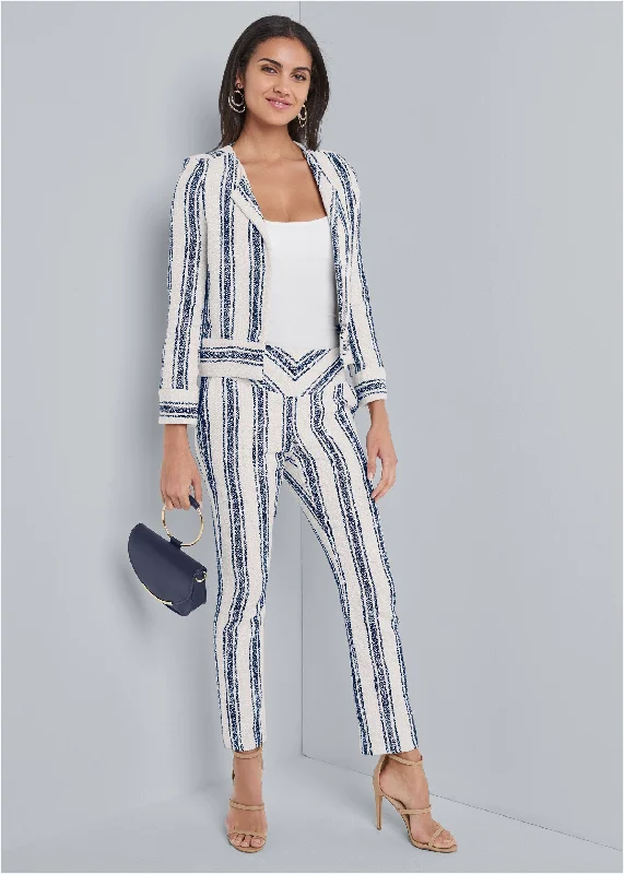 Striped tweed pants set - Off White & Navy