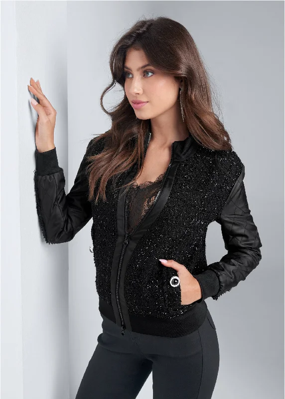 Lurex tweed jacket with quilted sleeves - Black