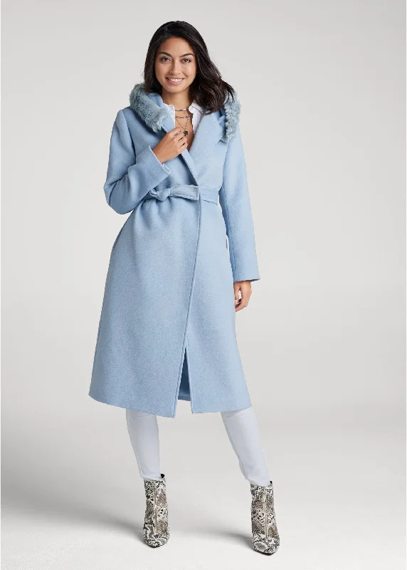 Long belted coat with faux fur hood - Light Blue