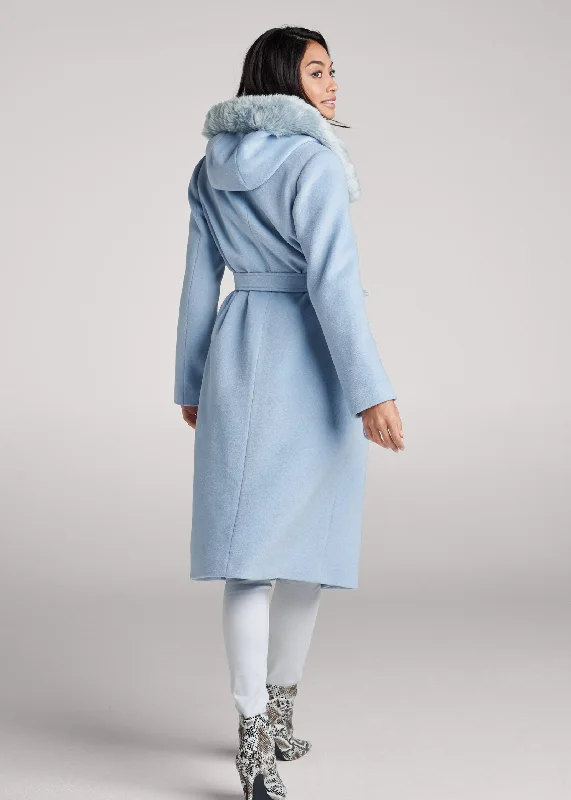 Long belted coat with faux fur hood - Light Blue