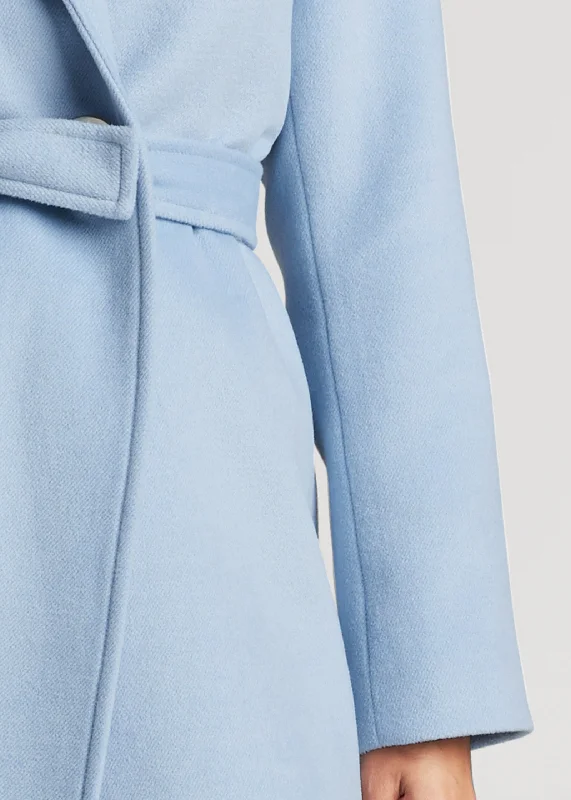 Long belted coat with faux fur hood - Light Blue