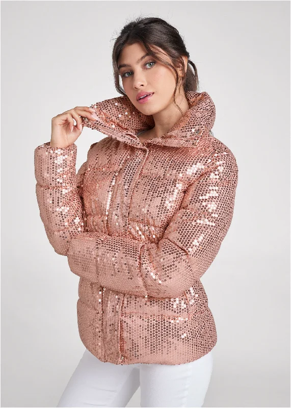 Sequin puffer jacket - Rose Gold