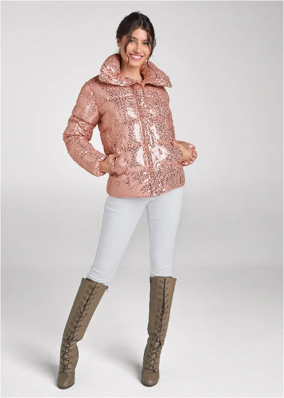 Sequin puffer jacket - Rose Gold