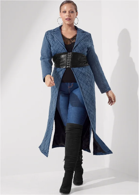 Quilted jean trench with faux leather detail - Medium Wash & Black