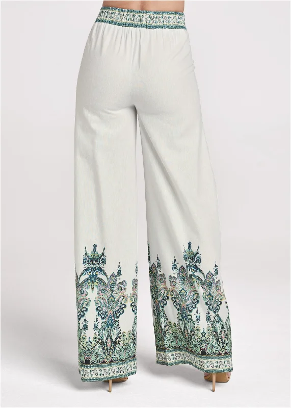 Linen paisley print wide leg pants with belt - White Multi