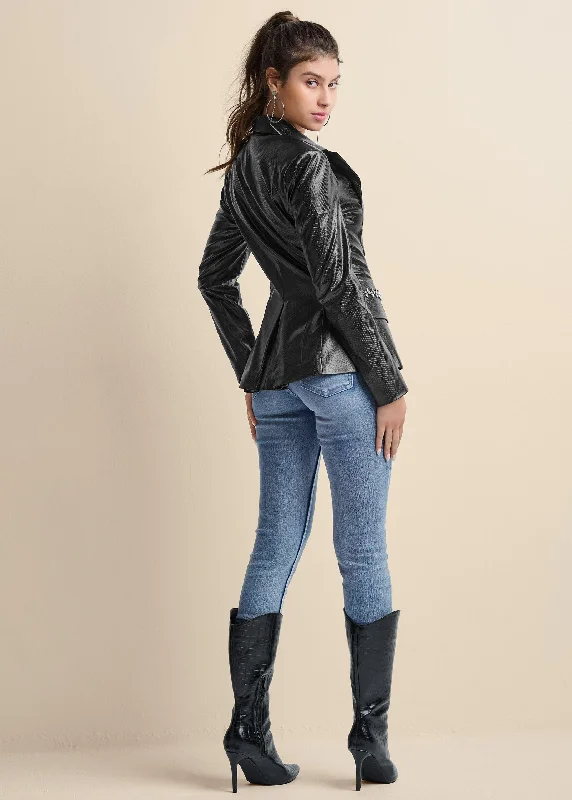 Snake Embossed Faux Leather  Embellished Blazer  - Black