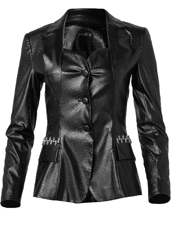 Snake Embossed Faux Leather  Embellished Blazer  - Black