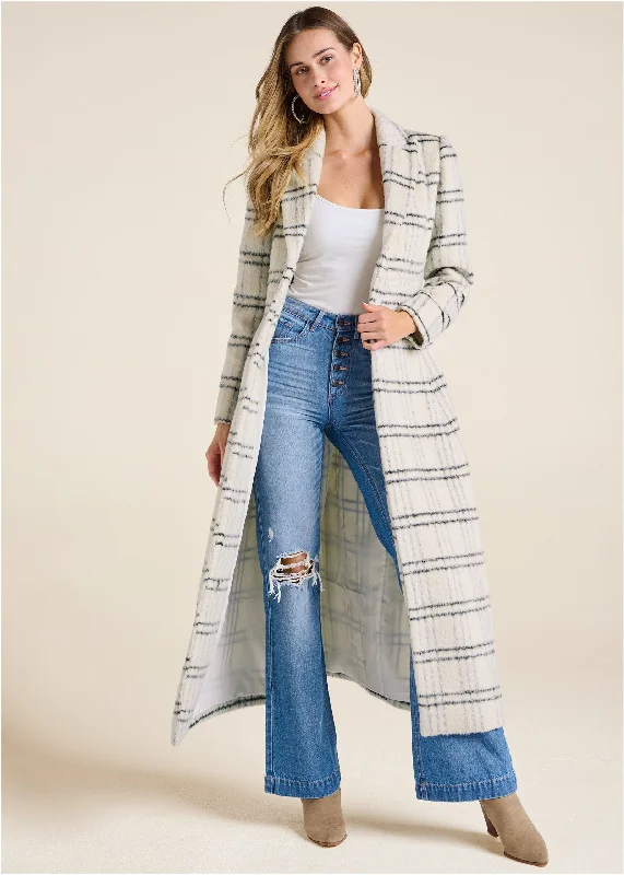 Plaid printed full length coat  - Off White Multi