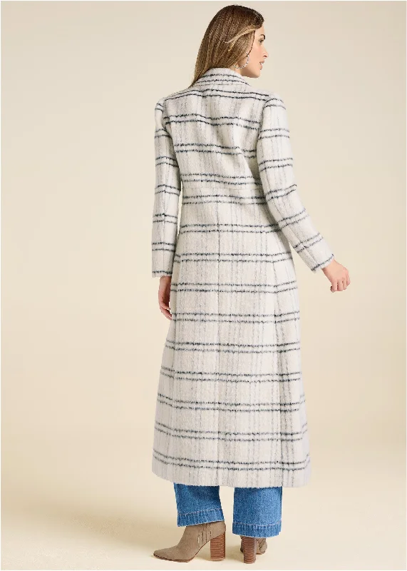 Plaid printed full length coat  - Off White Multi