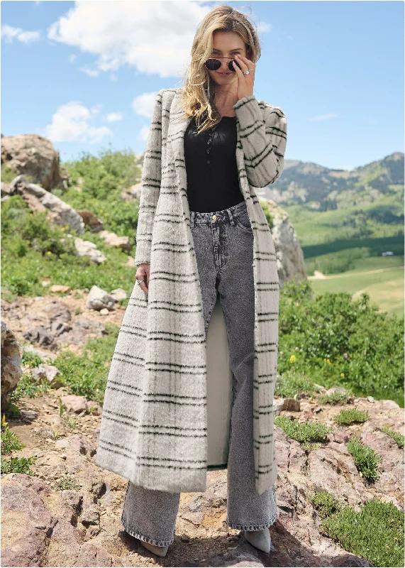 Plaid printed full length coat  - Off White Multi