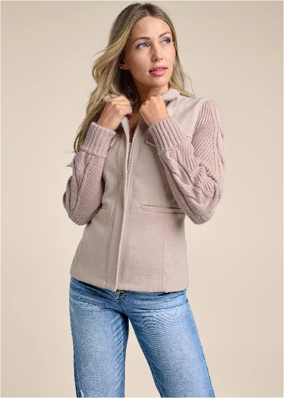 Sweater-sleeve zip jacket - Taupe