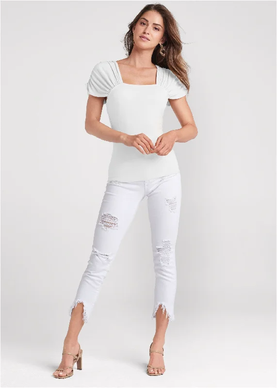 Ruched sleeve top - White