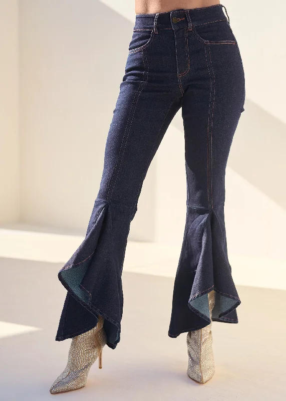 Ruffle slit hem jeans - Indigo Blue