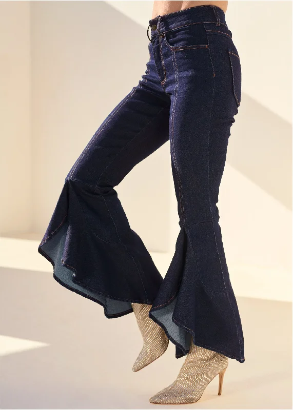 Ruffle slit hem jeans - Indigo Blue