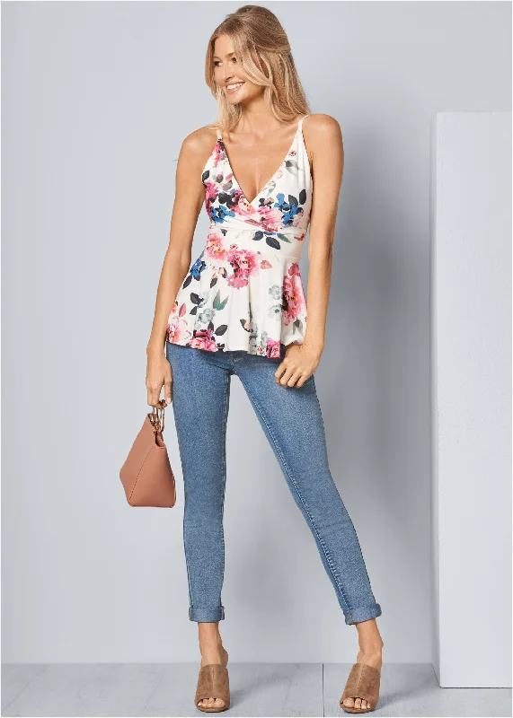 Floral peplum top - White Multi